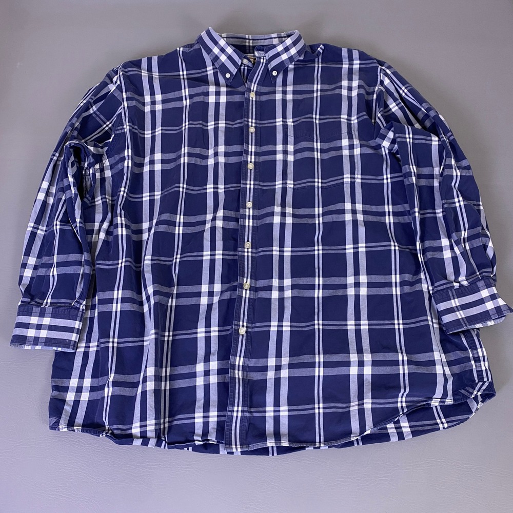 Society‎ of One Button Down Shirt Men's 4XL Blue White Plaid Long Sleeve Cotton*